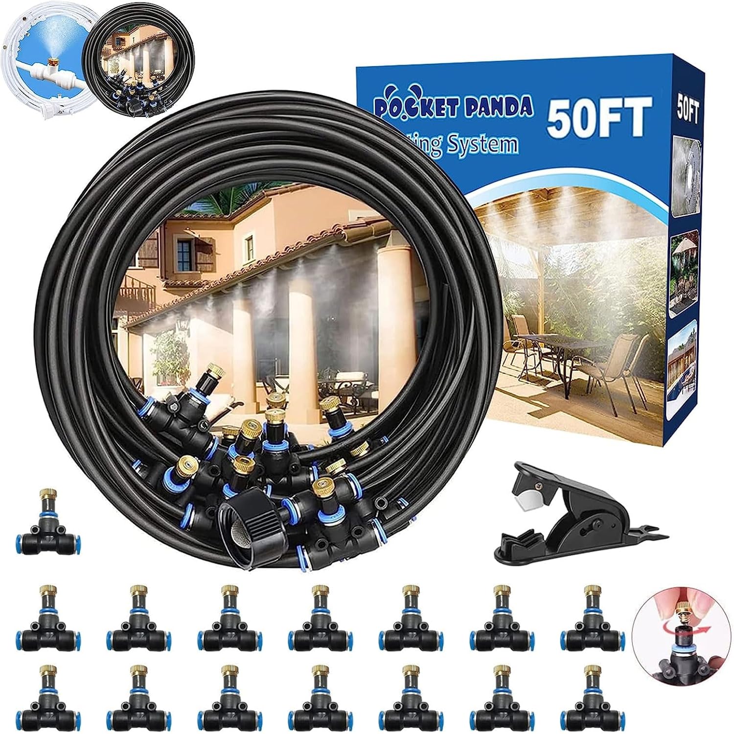 Misters For Outside Patio, 50Ft|15M Outdoor Water Misting Cooling System. Backyard Mist Kit For Garden Greenhouse Fan Deck Umbrella Canopy Pool Porch Trampoline Sprinkler Park Bbq Party Accessories
