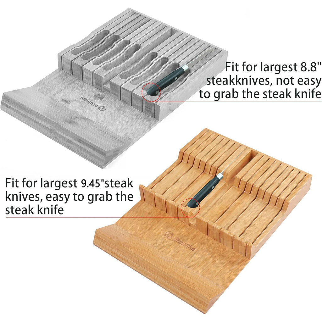 Utoplike In-drawer Knife Block Bamboo Kitchen Knife Drawer Organizer Large, handle Steak knife Holder without Knives, Fit for 16 Knife and 1 Sharpening Steel (Knives & Sharpening Not Included)