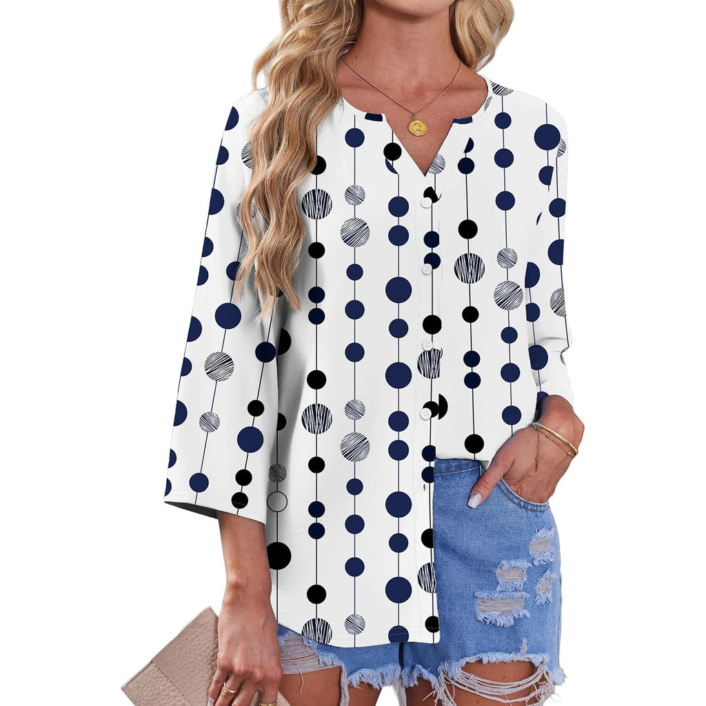 Ofeefan Button Down Shirts For Women 3/4 Length Sleeve Tops V Neck Blouses Business Casual Outfits Loose Fit