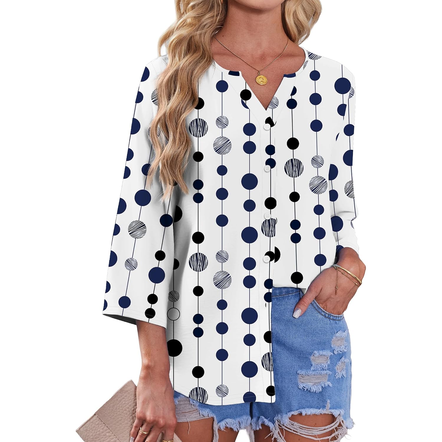 Ofeefan Button Down Shirts For Women 3/4 Length Sleeve Tops V Neck Blouses Business Casual Outfits Loose Fit