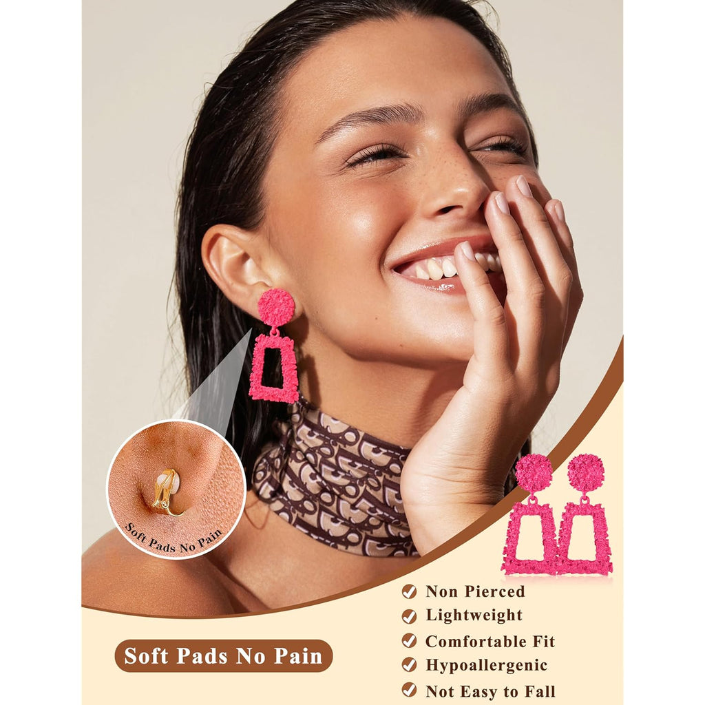 JeryWe 9 Pairs Clip on Earrings for Women Fashion Rattan Acrylic Tassel Drop Dangle Earrings Set Lightweight Geometric Statement Bohemian Clip Earrings for Non Piercied
