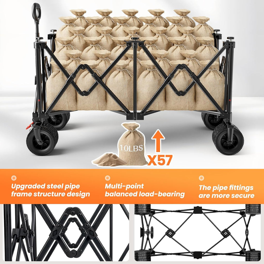 Beach Wagon Carts Foldable 570Lbs Collapsible Wagon With Big All-Terrain Wheels For Sand 330L Heavy Duty Utility Carts With Cup Holders For Garden, Camping, Grocery, Black