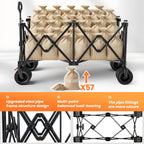 Beach Wagon Carts Foldable 570Lbs Collapsible Wagon With Big All-Terrain Wheels For Sand 330L Heavy Duty Utility Carts With Cup Holders For Garden, Camping, Grocery, Black