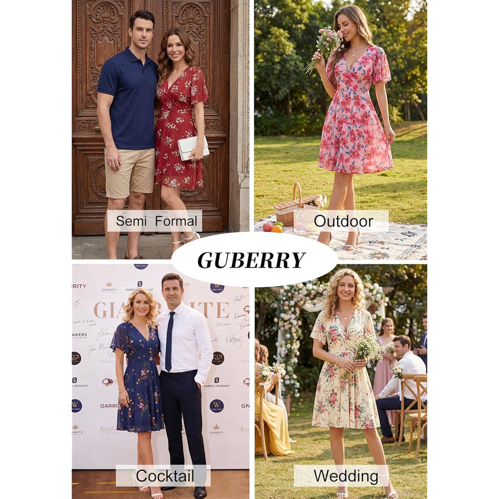 Guberry Womens Spring Summer Casual Floral Wrap V Neck Stretchy Mesh Dress Modest Wedding Guest Dress