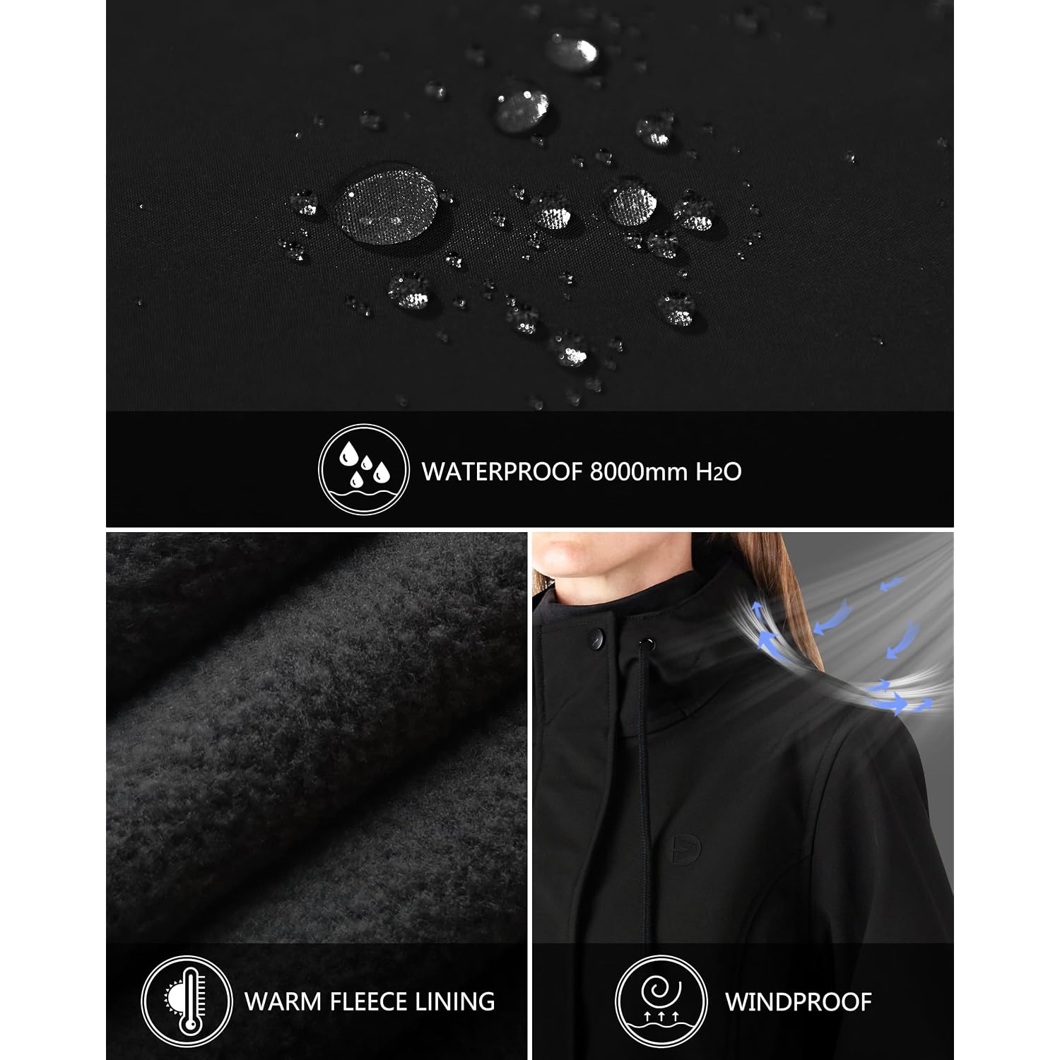 Outdoor Ventures Women'S Lightweight Waterproof Fleece Lined Hooded Softshell Rain Jacket, Warm Windbreaker Long Coat