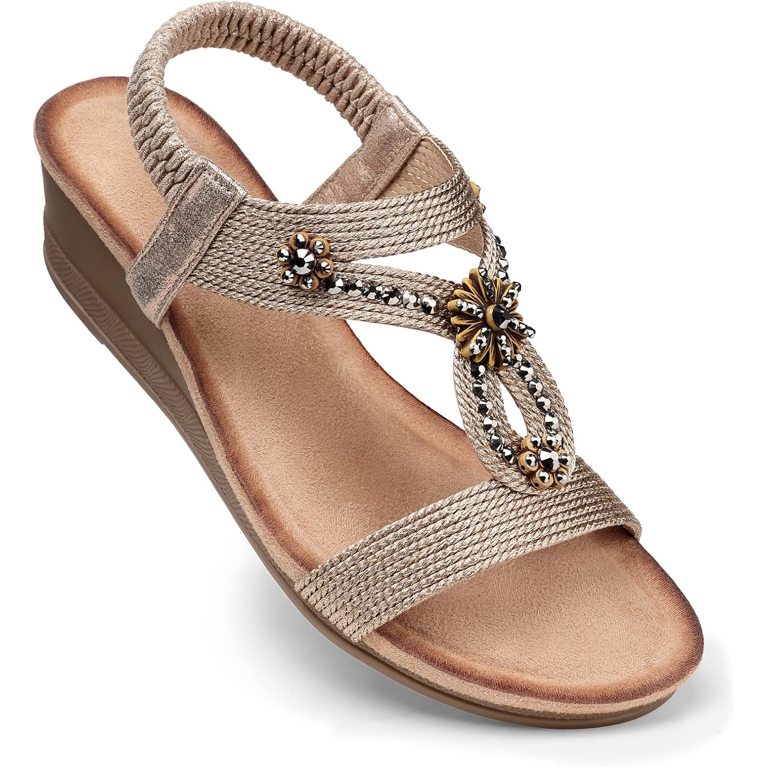Shibever Womens Wedge Sandals With Cushioning For All-Day Comfortable | Low Heel, Elastic Ankle Strap, Dressy Casual Summer, Open Toe, Travel Vacation Outdoors Dress Shoes, Size 5-12