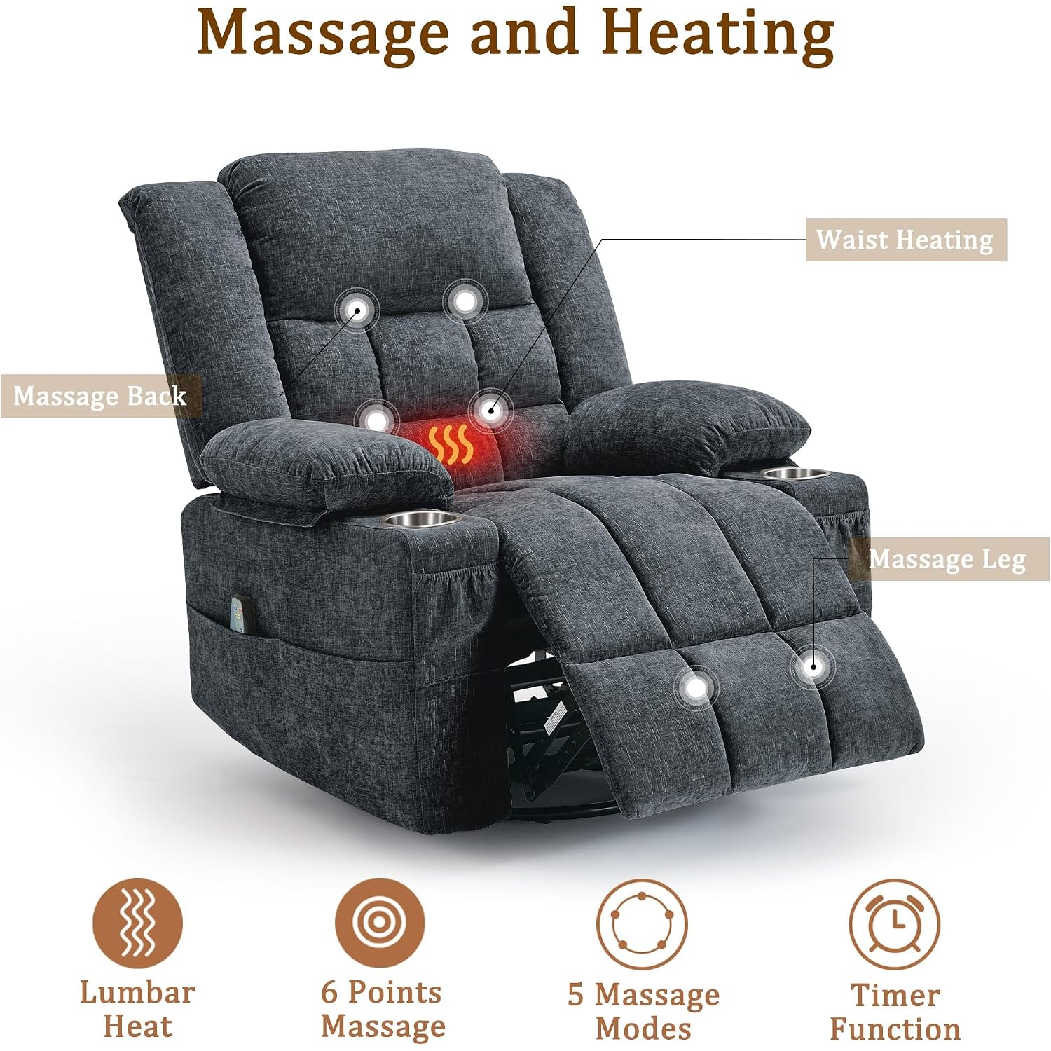 Korser 360° Swivel Rocker Recliner For Adults, Nursery Glider Recliner With Massage And Heating, Rocking Chair With Cup Holder, Manual Recliner Chair For Living Room, Bedroom (Fabric, Dark Gray)