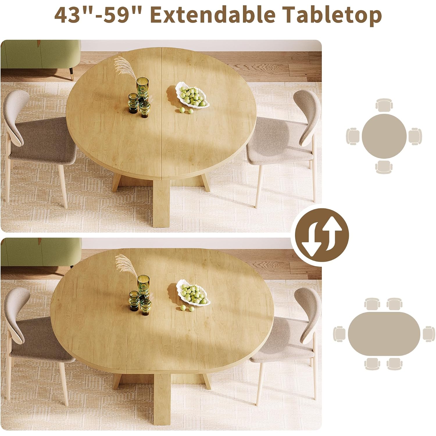 Ipormis 43.3In-59In Extendable Round Dining Table For 4-6, Modern Wooden Kitchen Table For Dining Room, Adjustable Size Oval Circle Dinner Tables Furniture For Kitchen Living Room, Natural