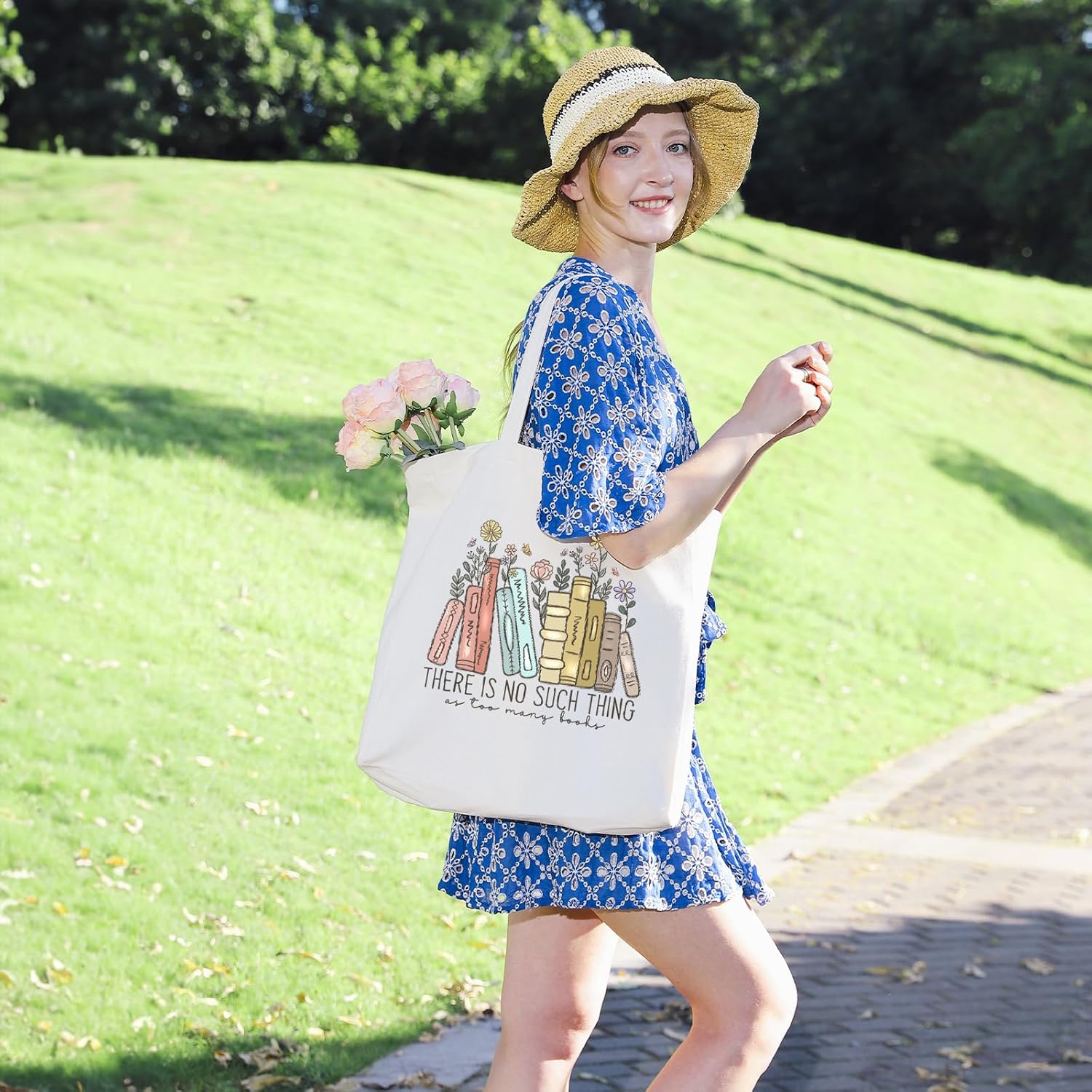 LEADO Cute Canvas Tote Bag with Pocket, Book Lovers Gifts - Mothers Day, Birthday, Book Club Gifts for Book Lovers Women - Reading Accessories, Librarian, Bookish, Readers, Teacher, Library Present