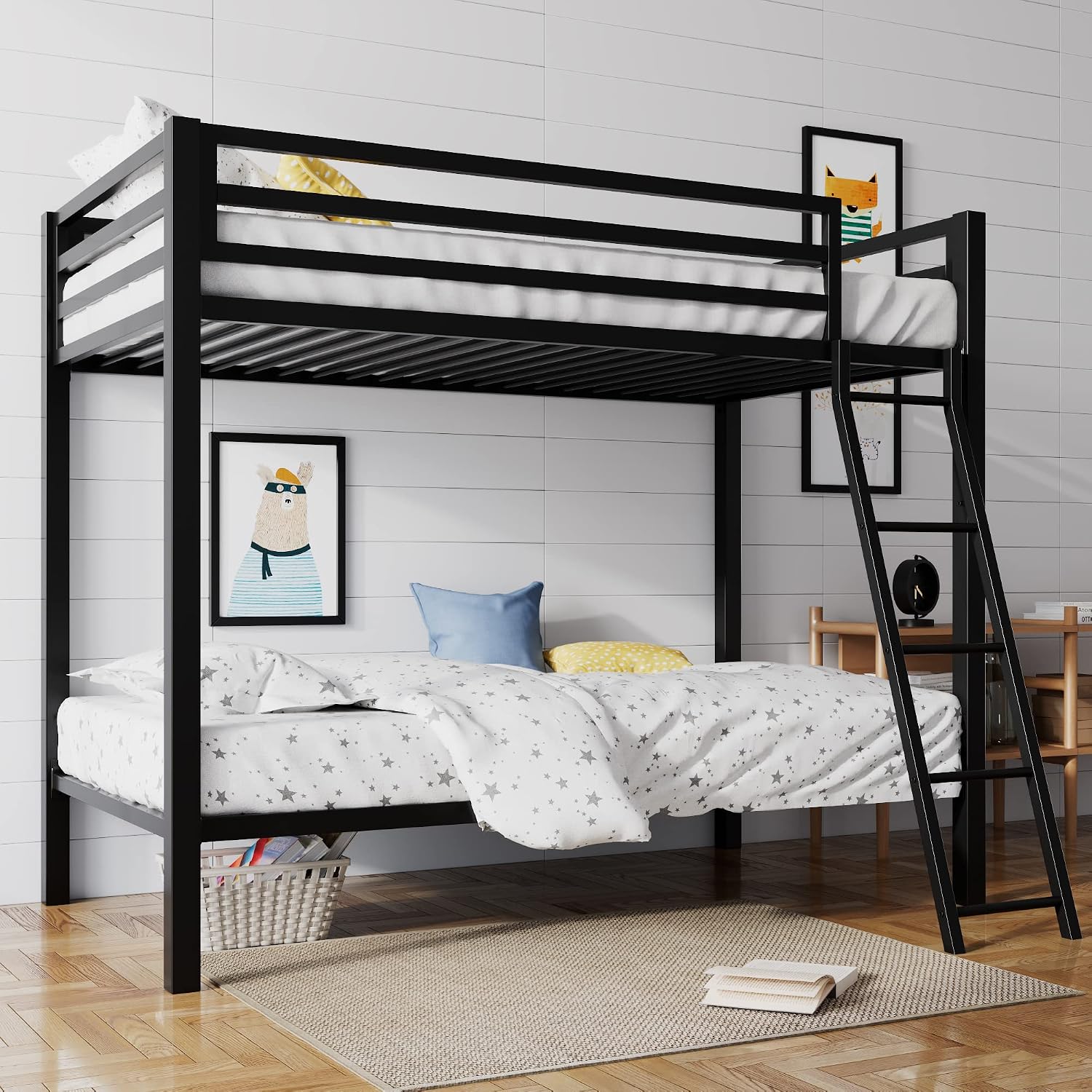 Sha Cerlin Bunk Bed Twin Over Twin Size With Ladder And Guardrail,Black