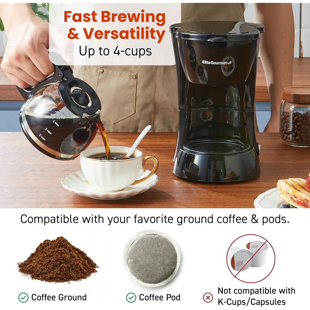 Elite Gourmet EHC4128 Automatic 4-Cup Brew & Drip Coffee Maker with Pause N Serve, Glass Carafe, Reusable Filter, On/Off Switch, Keep Warm, Water Level Indicator, Black