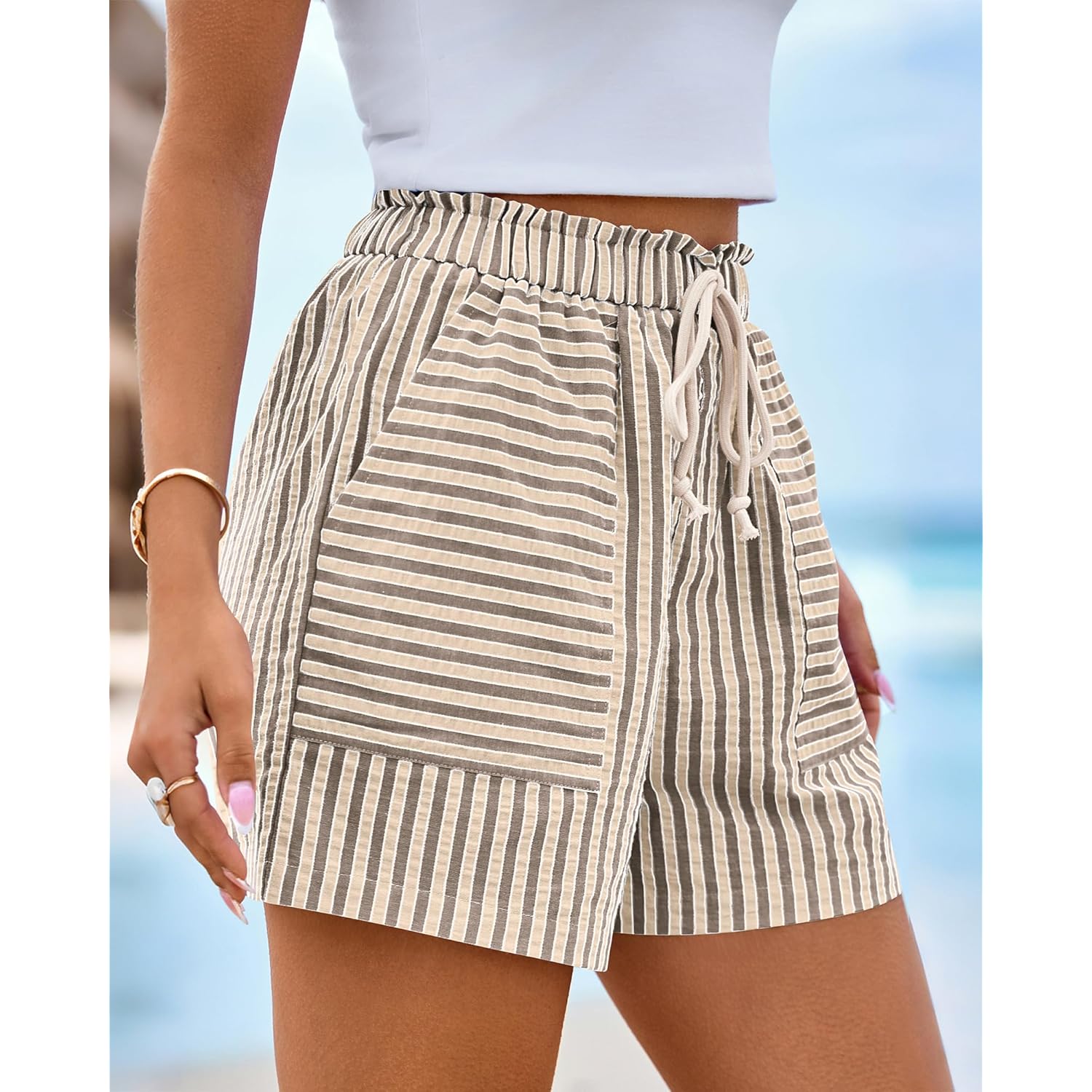 Striped Summer Shorts for Women 2026 Loose Spring Casual Elastic Waist Lounge Resort Wear Vacation Beach Shorts