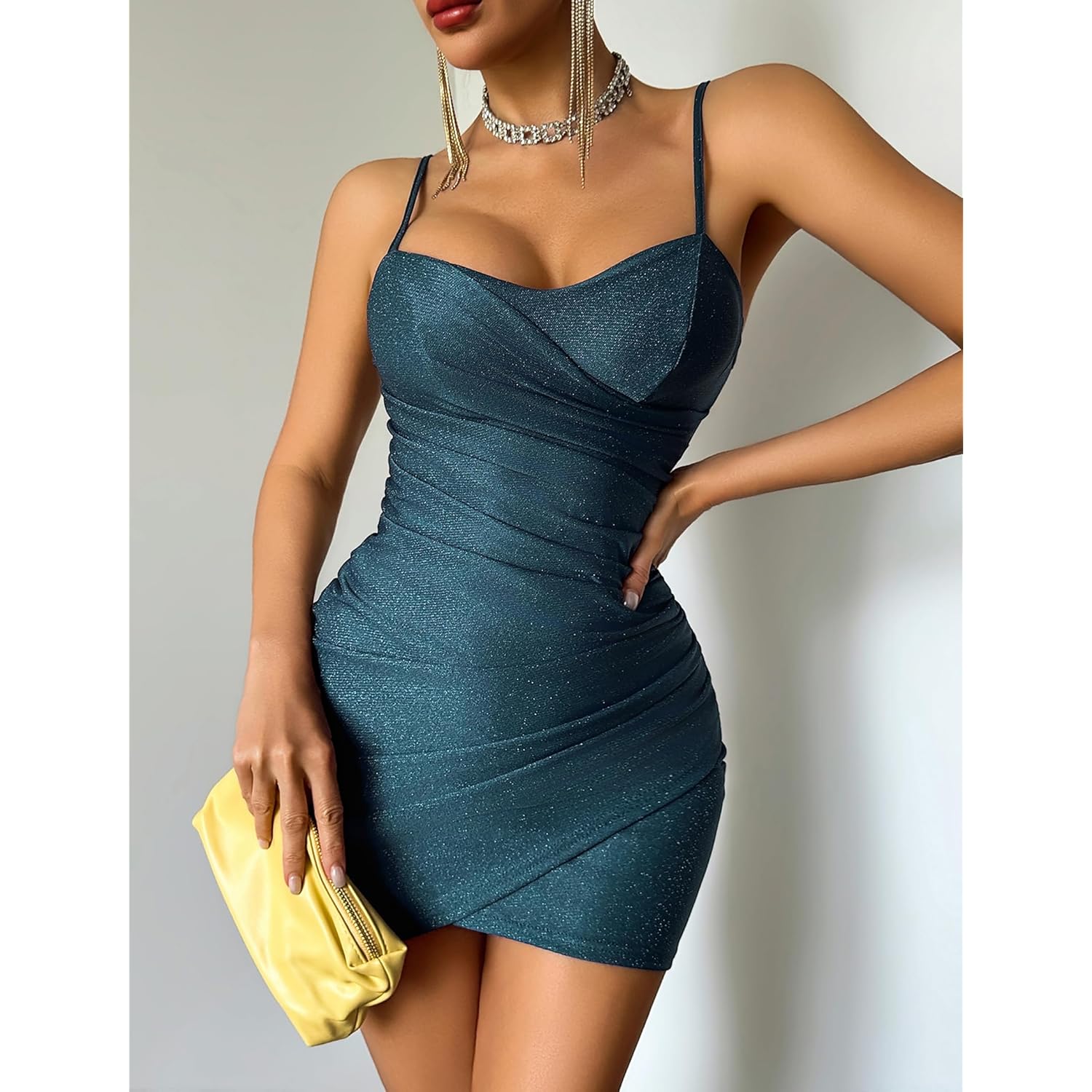 Women's Sexy Bodycon Mini Dress 2026 Glitter Spaghetti Strap Cross V Neck Ruched Party Club Night Out Dresses