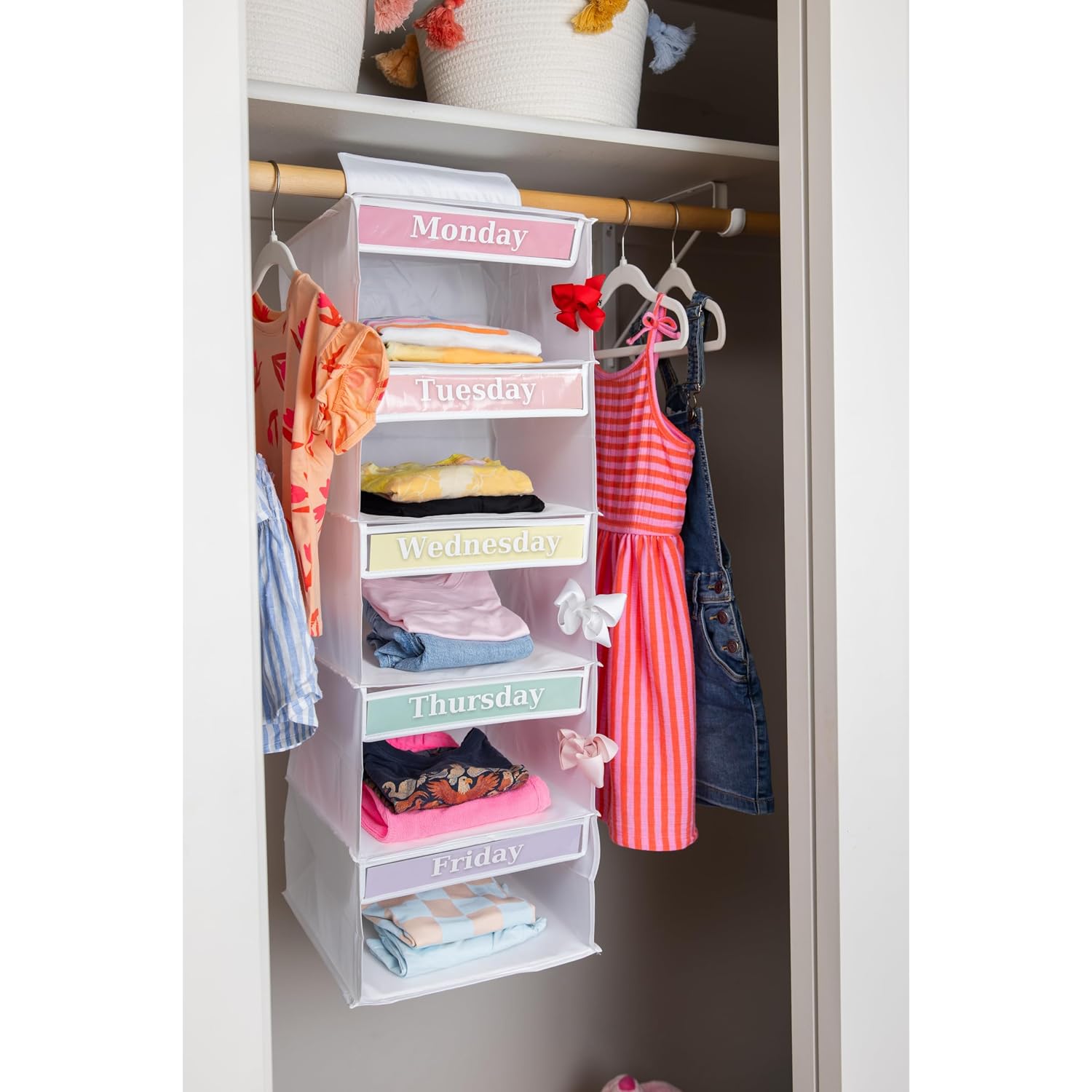 Three Sweet Peas Co Monday Through Friday Hanging Weekly Clothes Organizer For Kids