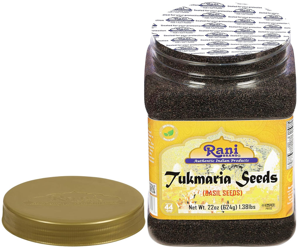 Rani Tukmaria (Natural Holy Basil Seeds) 1.38Lbs (22Oz) 624G Pet Jar Used For Falooda / Sabja Dessert, Spice & Ayurveda Herbal ~ Gluten Friendly | Non-Gmo | Kosher | Vegan | Indian Origin