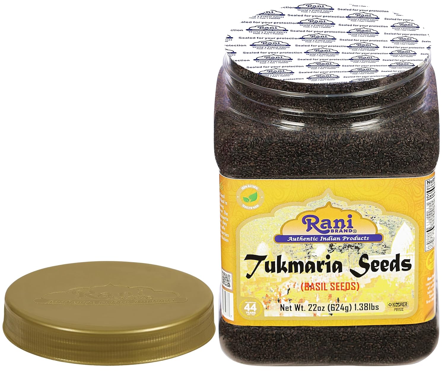 Rani Tukmaria (Natural Holy Basil Seeds) 1.38Lbs (22Oz) 624G Pet Jar Used For Falooda / Sabja Dessert, Spice & Ayurveda Herbal ~ Gluten Friendly | Non-Gmo | Kosher | Vegan | Indian Origin