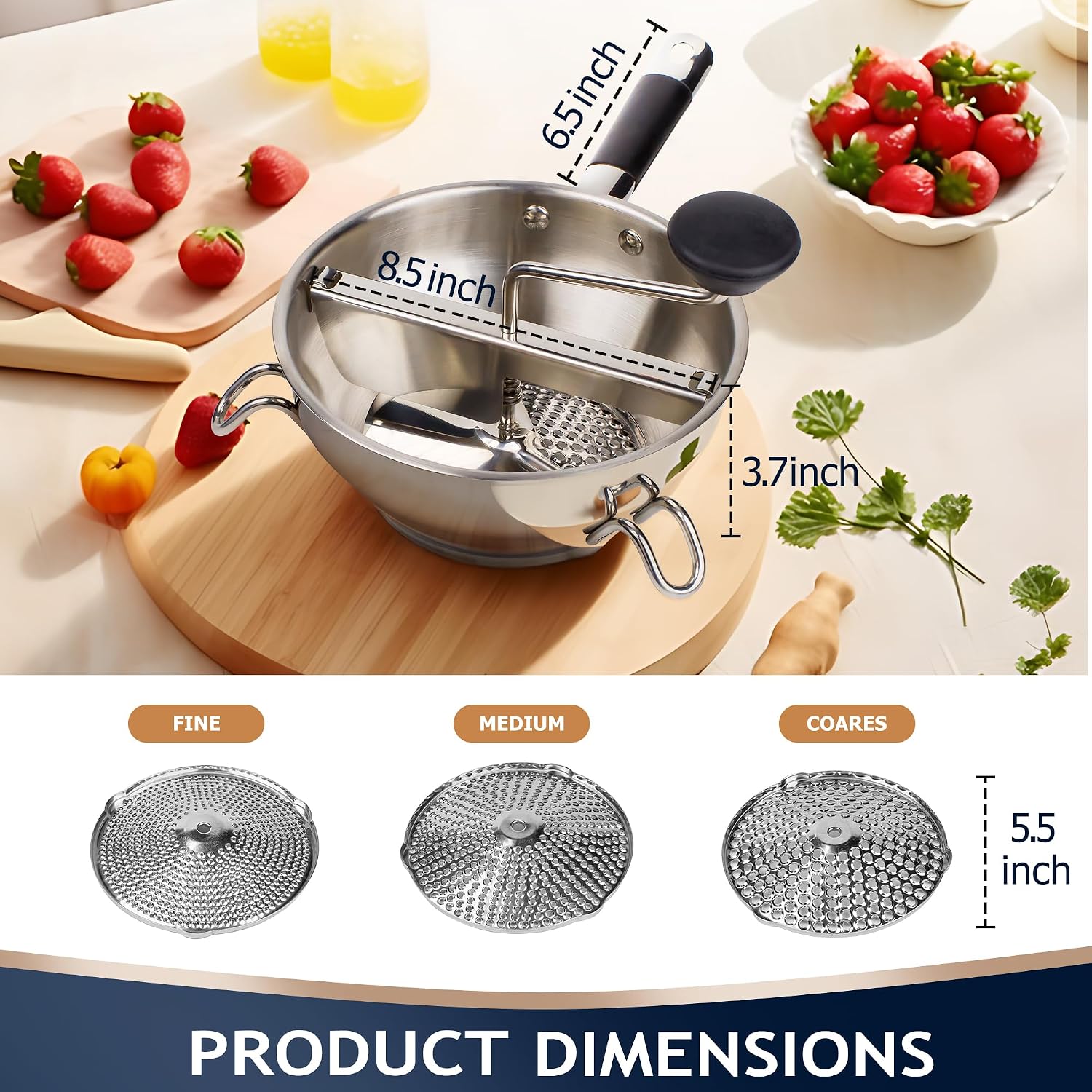 Stainless Steel Food Mills With 3 Milling Discs,Ergonomic Design Of Rotary Food Mills For Tomato Sauce,Potatoes,Jams With Silicone Handle Dishwasher Safe, Multifunctional Spoon,Orange
