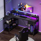 Dumos Gaming Desk, Monitor Stand, Led Lights, Storage Shelves | Usb Charging Ports, Power Outlets, Reversible L Shaped Corner, Small Spaces, Black