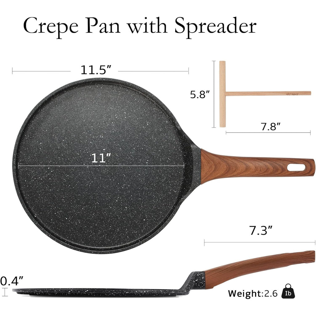 ESLITE LIFE 11 Inch Crepe Pan with Spreader, Nonstick Granite Coating Dosa Pan, Roti Tawa Comal Para Tortillas Pancake Griddle Pan, Induction Compatible, PTFE & PFOA Free, Black
