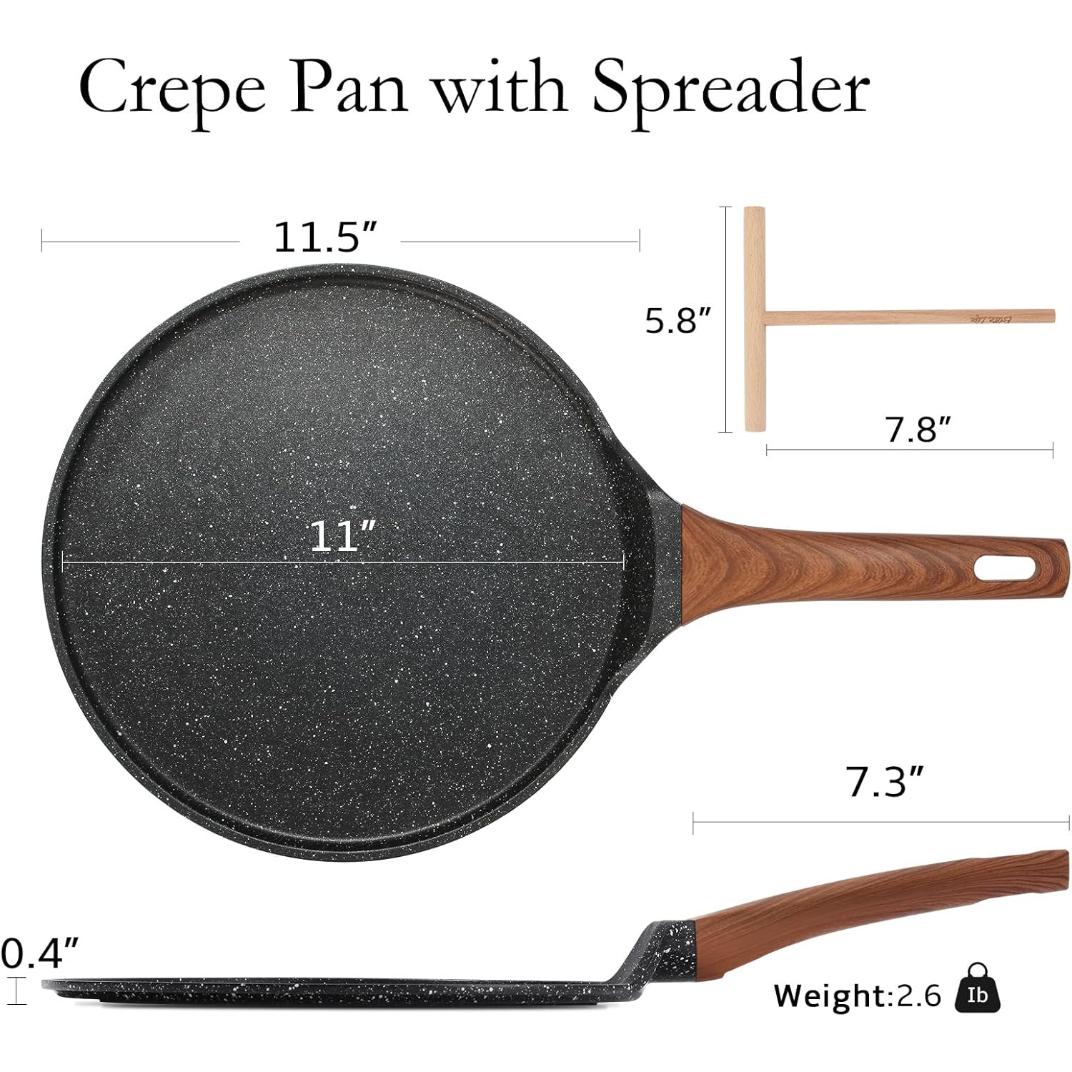ESLITE LIFE 11 Inch Crepe Pan with Spreader, Nonstick Granite Coating Dosa Pan, Roti Tawa Comal Para Tortillas Pancake Griddle Pan, Induction Compatible, PTFE & PFOA Free, Black