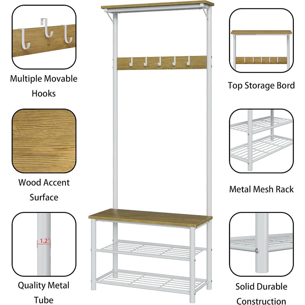 Hall Tree With Bench And Shoe Storage, 3-In-1 Coat Rack Shoe Bench, Freestanding Wooden Coat Rack With Metal Frame, 3-Tier Storage Shelf And 5 Removable Hooks, White