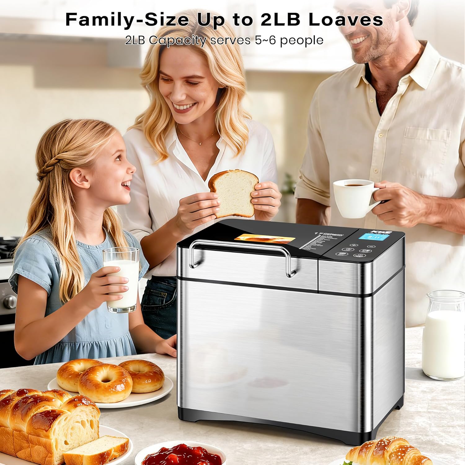KBS Pro 710W 2LB Bread Maker, Stainless Steel 17-in-1 Smart Bread Machine with Healthy Ceramic Pan, Automatic Nut Dispenser, Tempered Glass Touch Panel, 3 Crust Colors, 15H Timer& Keep-Warm, Recipes