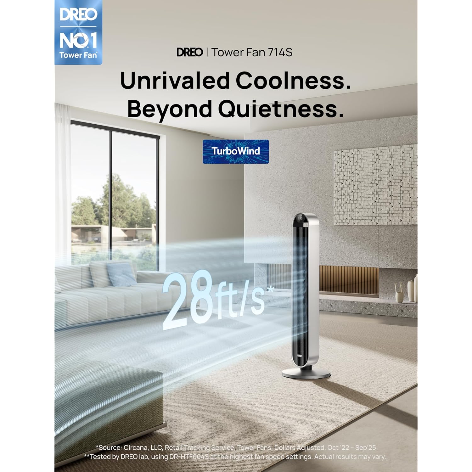 Dreo Smart Tower Fan For Bedroom, 120° Oscillating Fan, 20Db Quiet Dc Motor | 28Ft/S Airflow, 12 Speeds, 4 Modes Bladeless Standing Fan, 12H Timer Cooling Fan For Home, Living Room, App & Alexa Control