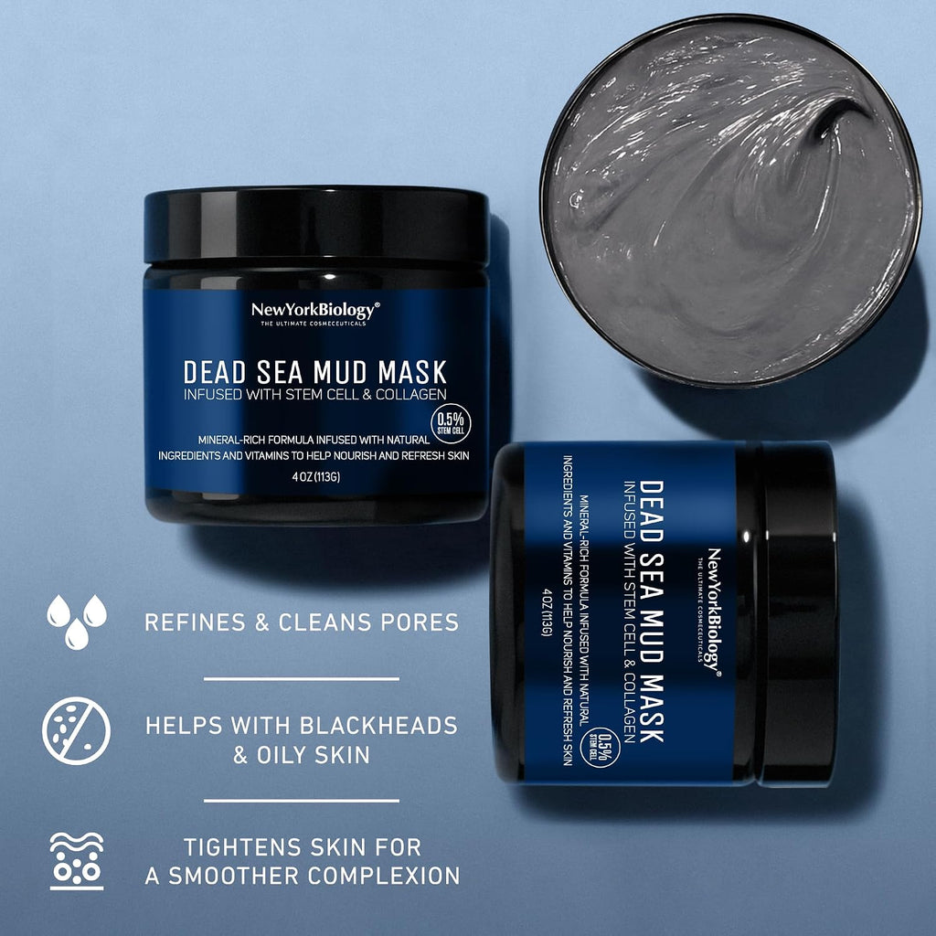 New York Biology Dead Sea Mud Mask For Face, Body | With Stem Cell And Collagen | Spa Quality Pore Refiner For Oily Skin | Natural Skincare For Women, Men | Tighten Skin | 4 Oz
