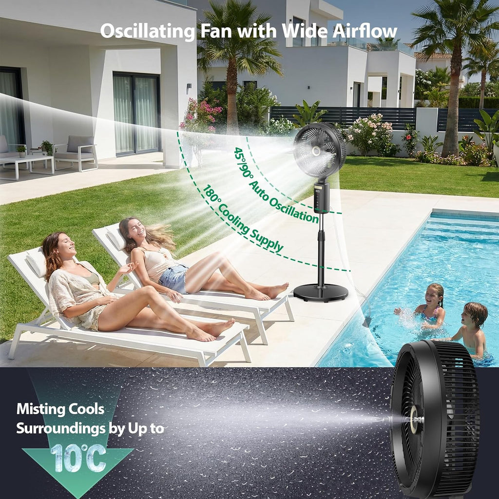 Ausic Outdoor Misting Fan For Patio, 30000Mah Rechargeable Battery Powered Cordless Pedestal Fan, 12" Oscillating Portable Cooling Fan, Standing Fan With Remote Mister