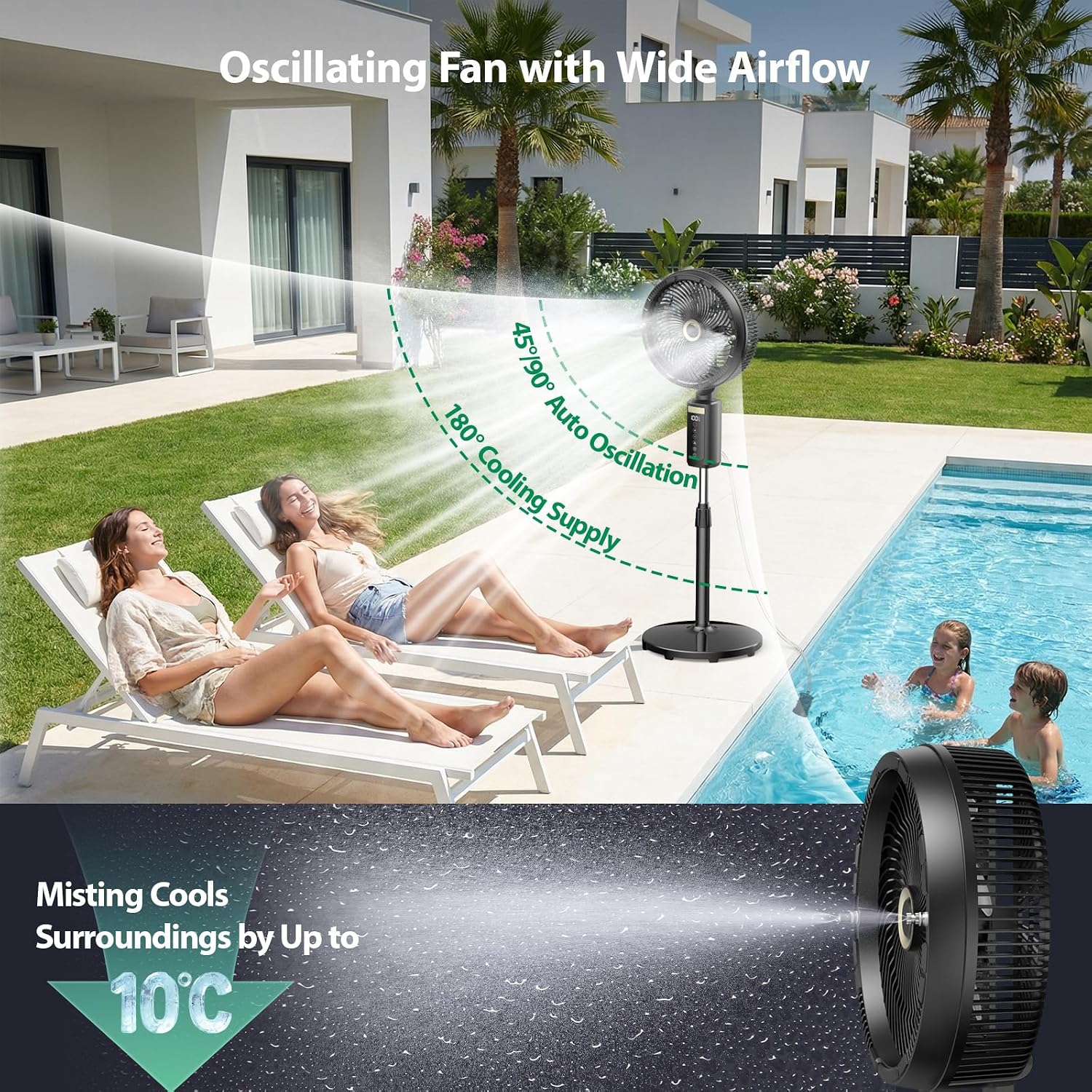Ausic Outdoor Misting Fan For Patio, 30000Mah Rechargeable Battery Powered Cordless Pedestal Fan, 12" Oscillating Portable Cooling Fan, Standing Fan With Remote Mister