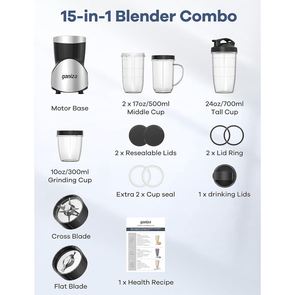 Ganiza Smoothie Blender, 900W Blenders for Shakes and Smoothies, 15-Piece Personal Blender and Grinder Combo for Kitchen, Smoothies Maker with 4 BPA-Free Portable Cup, Nutritious Recipe