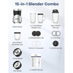Ganiza Smoothie Blender, 900W Blenders for Shakes and Smoothies, 15-Piece Personal Blender and Grinder Combo for Kitchen, Smoothies Maker with 4 BPA-Free Portable Cup, Nutritious Recipe
