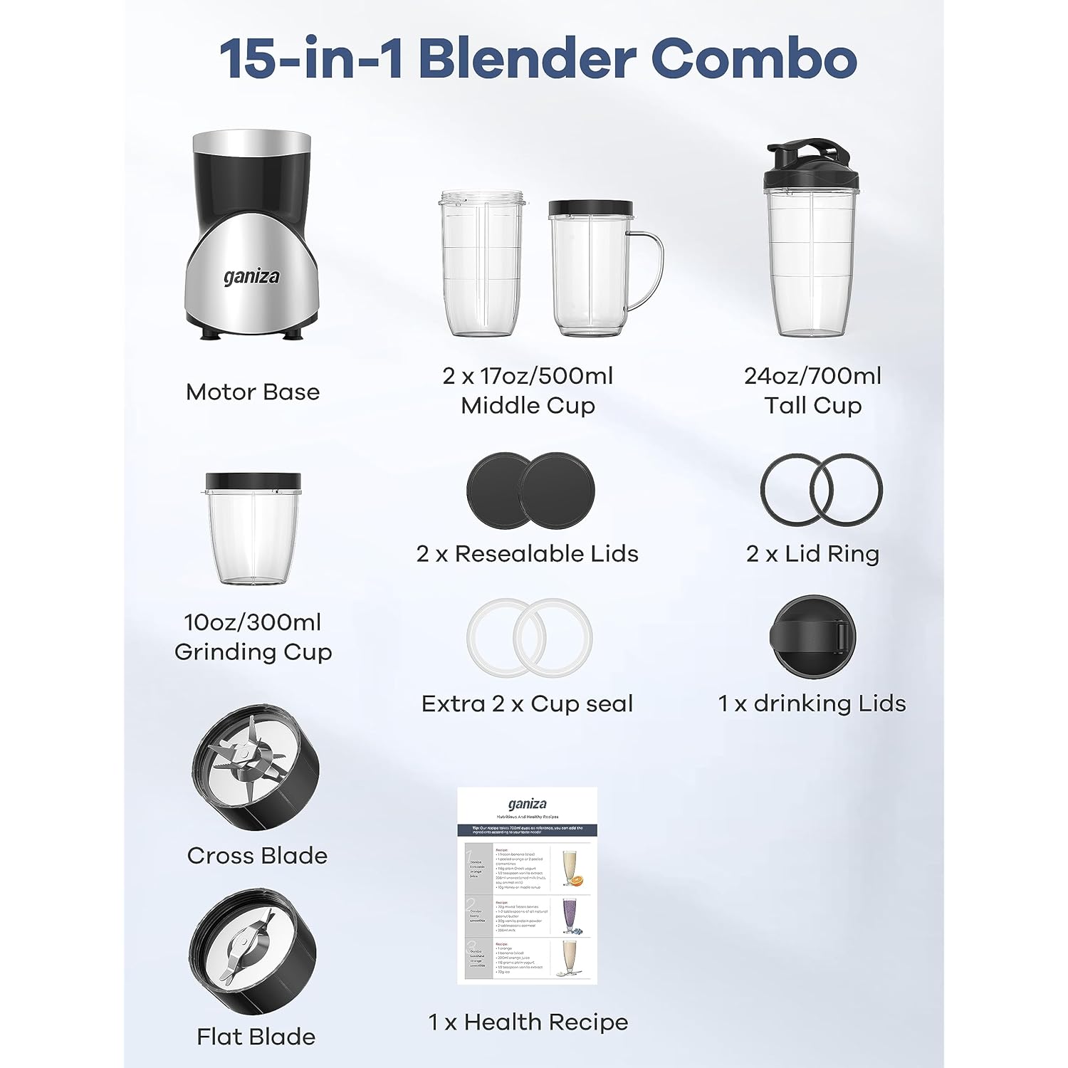 Ganiza Smoothie Blender, 900W Blenders for Shakes and Smoothies, 15-Piece Personal Blender and Grinder Combo for Kitchen, Smoothies Maker with 4 BPA-Free Portable Cup, Nutritious Recipe