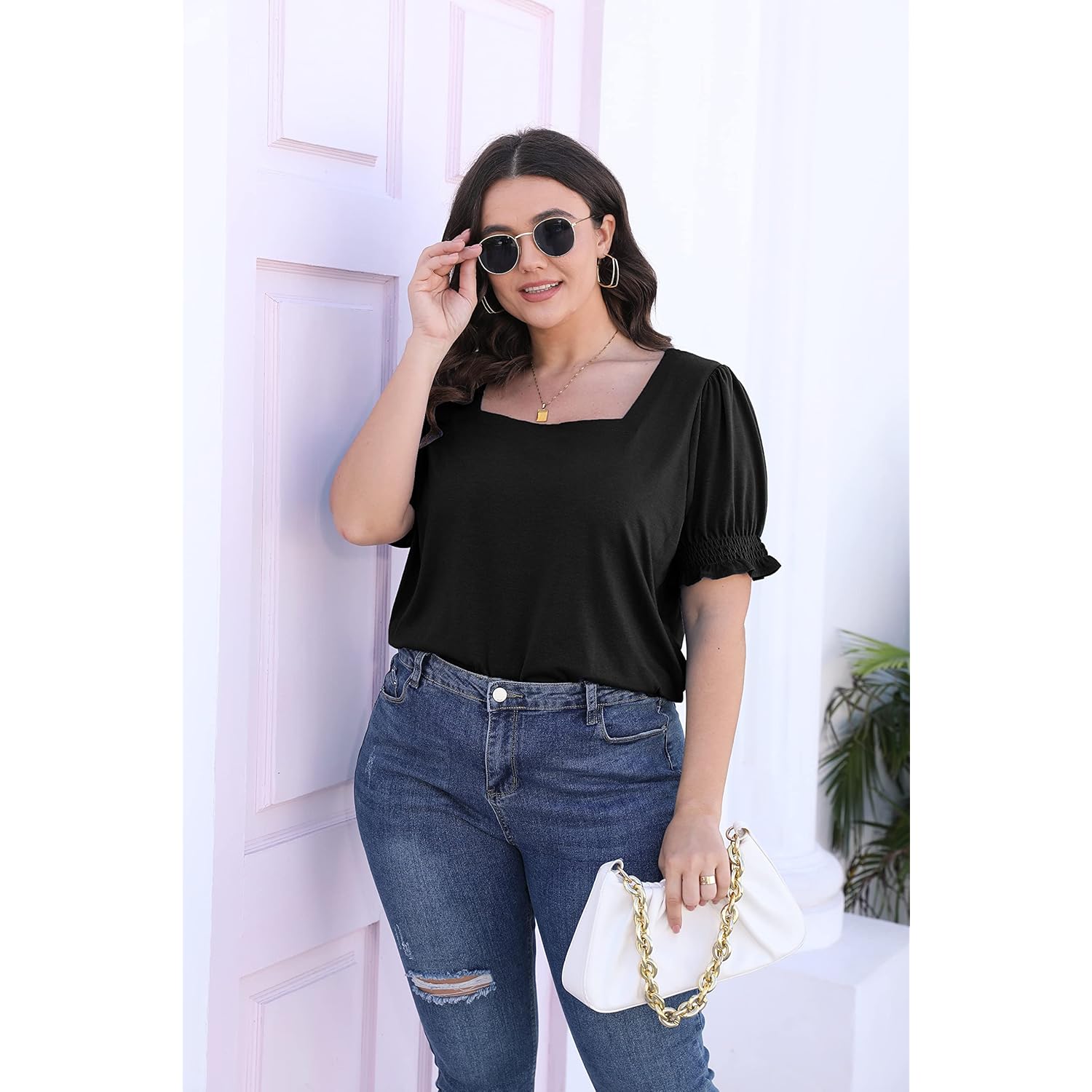 Tops for Women Summer Casual Ruffle Trim Sleeve Square Neck T Shirts
