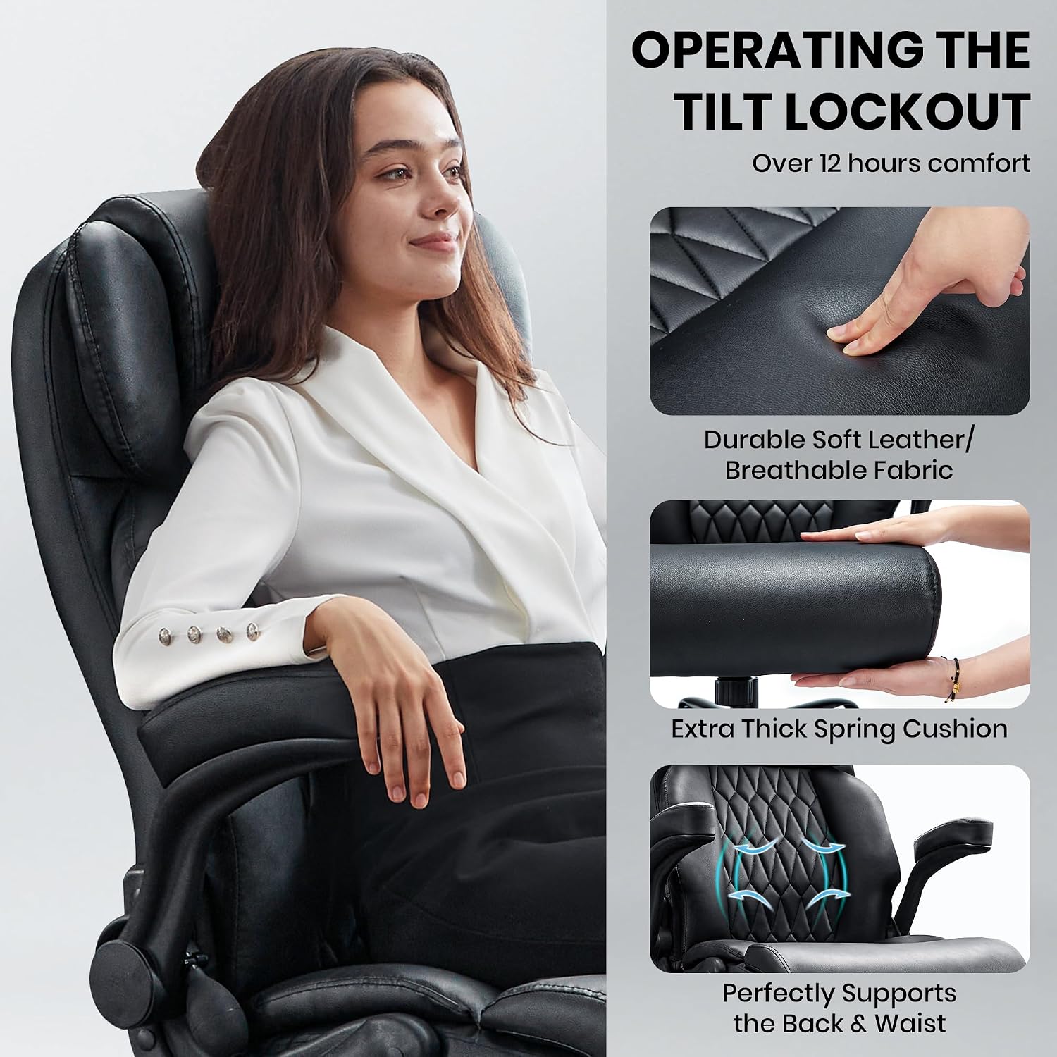 500Lbs Big And Tall Office Chair Adjustable Lumbar Support For Back Pain, Extra Wide Seat Executive Office Chair Thick Armrest Pad, Heavy Duty Base&Upgraded Wheels, Ergonomic Comfy Computer Desk Chair