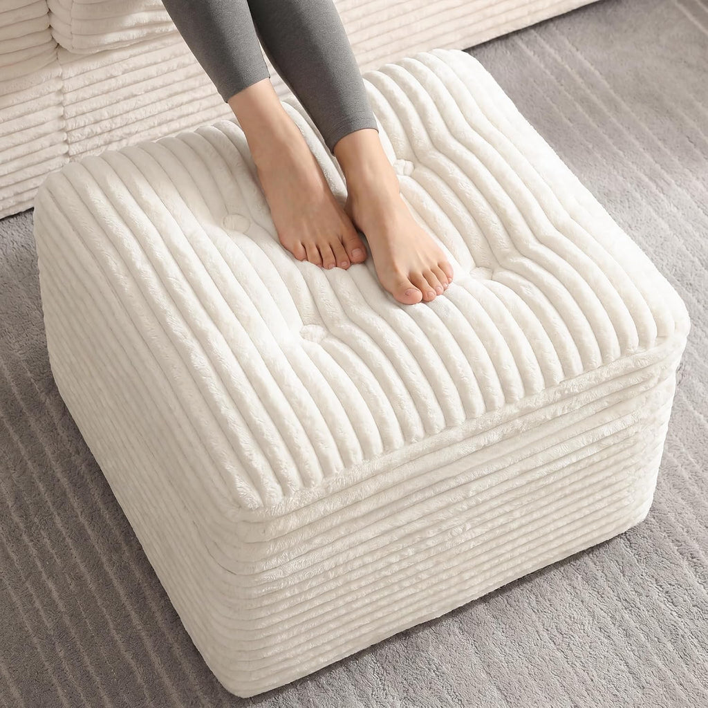 23.6In Pouf Ottoman, Corduroy Ottoman Foot Rest With Dual‑Layer Support, Large Poofy Pouf With Soft Chunk‑Foam Top & Firm Foam Base, Floor Foot Stool For Living Room, Beige