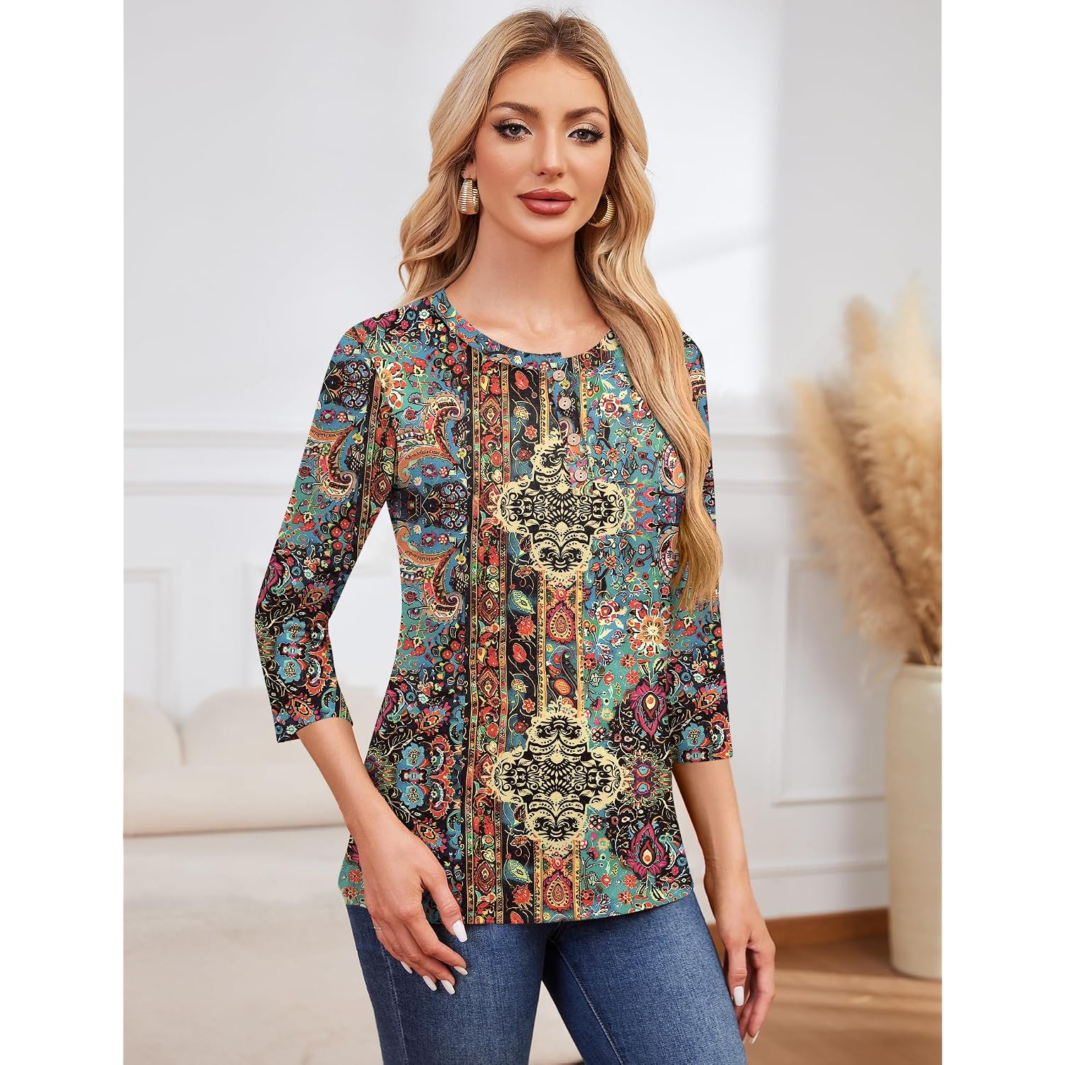 LOMON 3/4 Length Sleeve Womens Tops Casual Crewneck Pullover Tunics Summer Cute Blouses Fashion 2026
