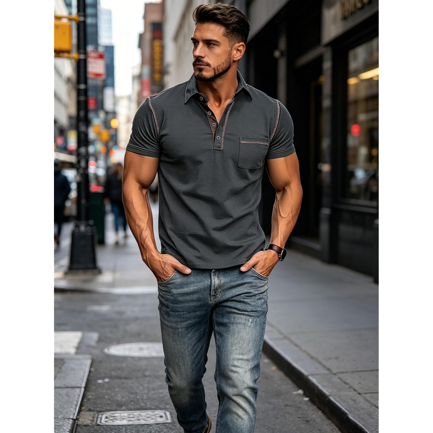 Men'S Fashion Polo Shirts Classic Short Sleeve Lightweight Button Cotton T-Shirt Casual Golf Tee Tops With Pocket