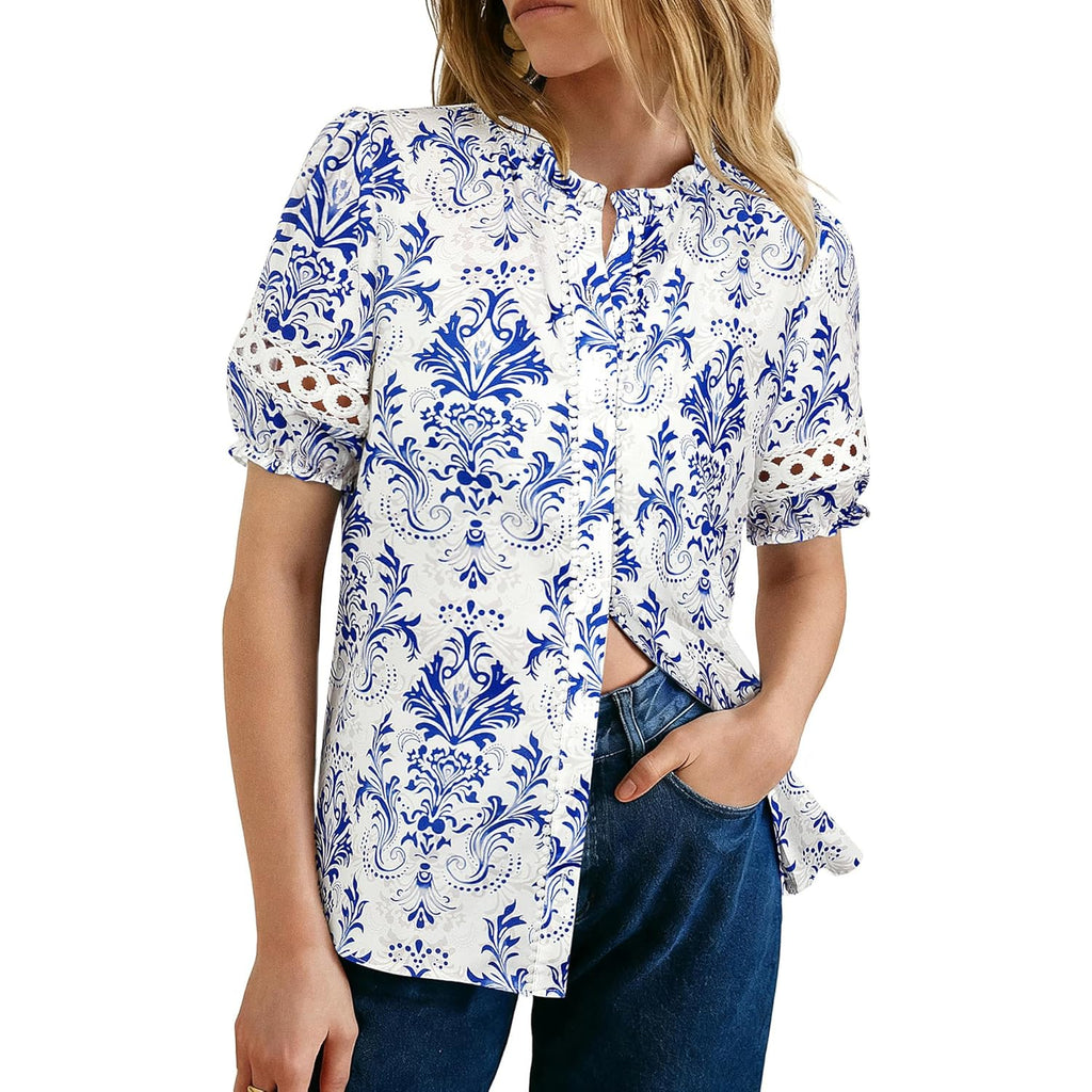 Women Boho Floral Tops, Summer Short Eyelet Sleeve Dressy Casual Shirts, Spring Button Down Blouse 2026 Trendy