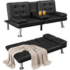 Homall Futon Sofa Bed, Leather Futon Couch With Removable Armrests, Adjustable Recliner Sleeper Sofa Bed With Dual Cup Holders For Living Room, Apartment, Office (Black)