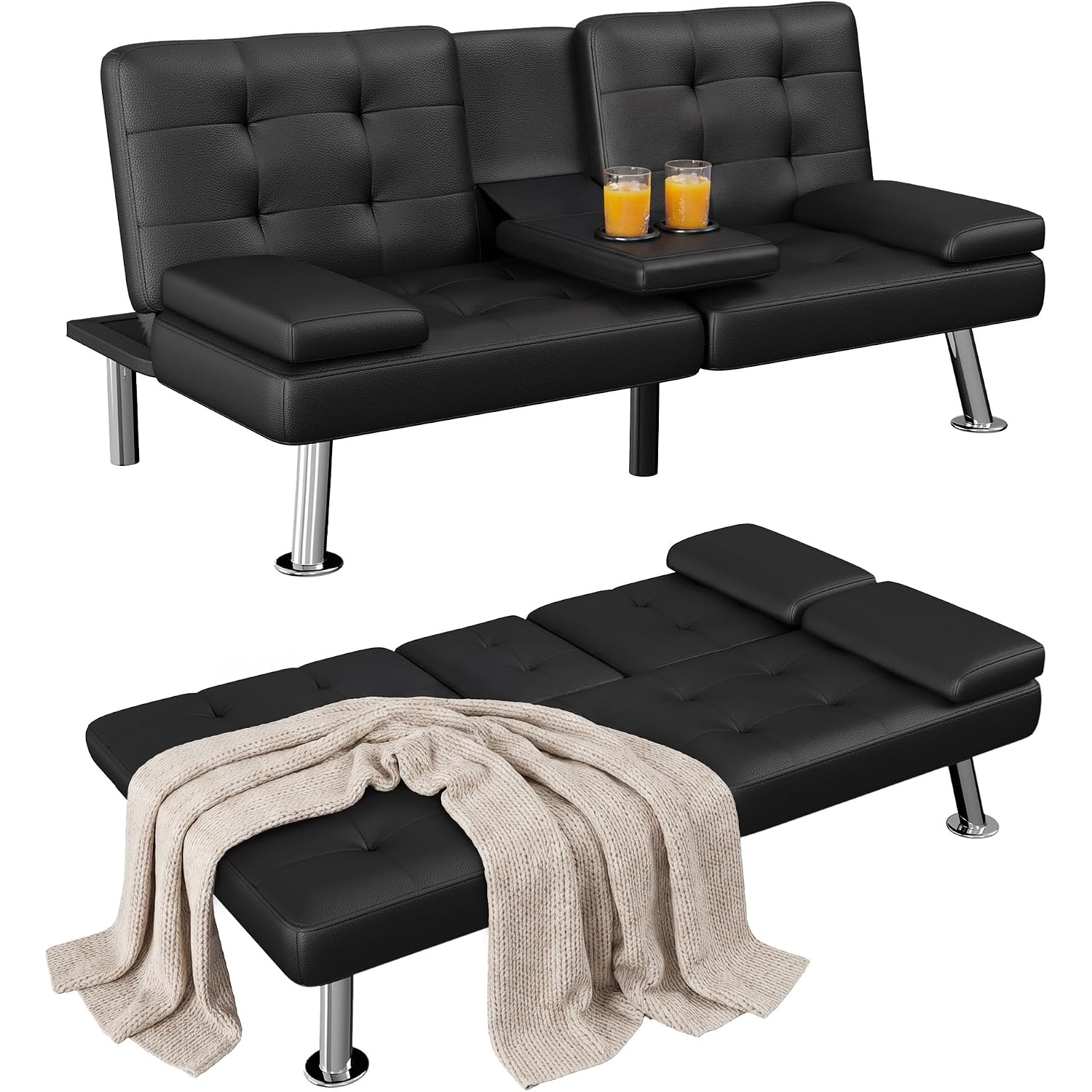 Homall Futon Sofa Bed, Leather Futon Couch With Removable Armrests, Adjustable Recliner Sleeper Sofa Bed With Dual Cup Holders For Living Room, Apartment, Office (Black)