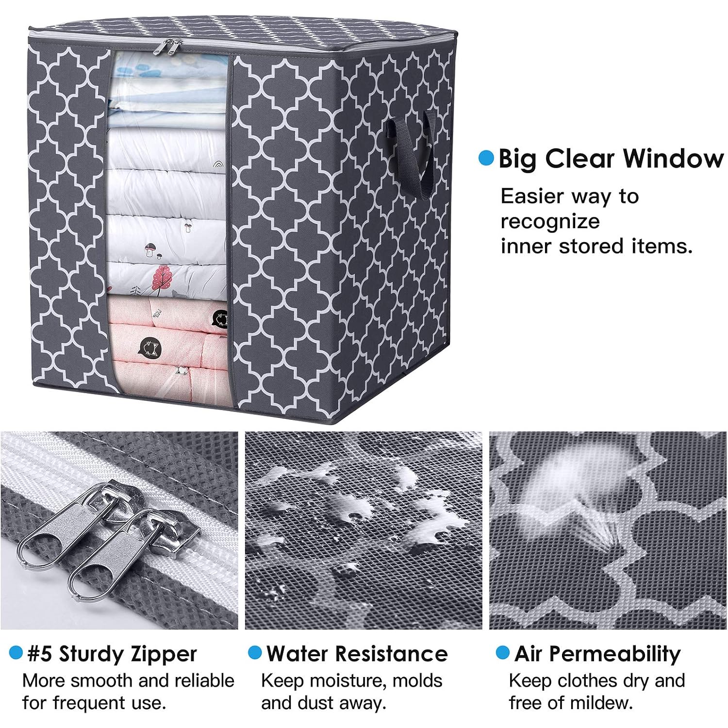 Wiselife Storage Bags 3 Pack/100L Large Blanket Clothes Organization And Storage Containers For Comforters,Bedding, Foldable Organizer With Reinforced Handle, Clear Window, Sturdy Zippers,Gray