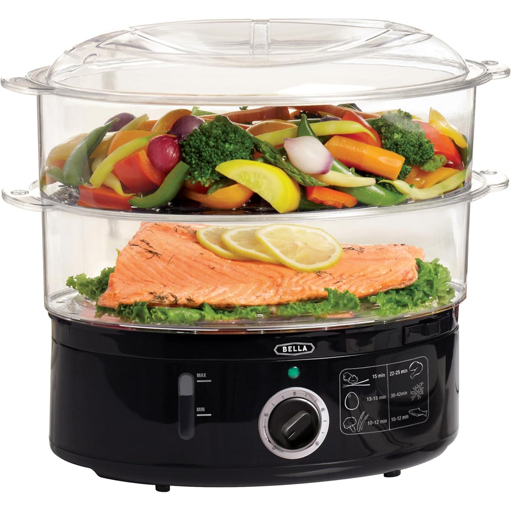 BELLA Two Tier Food Steamer with Stackable Baskets & Removable Base for Fast Simultaneous Cooking - Auto Shutoff & Boil Dry Protection, 7.4 QT, Black