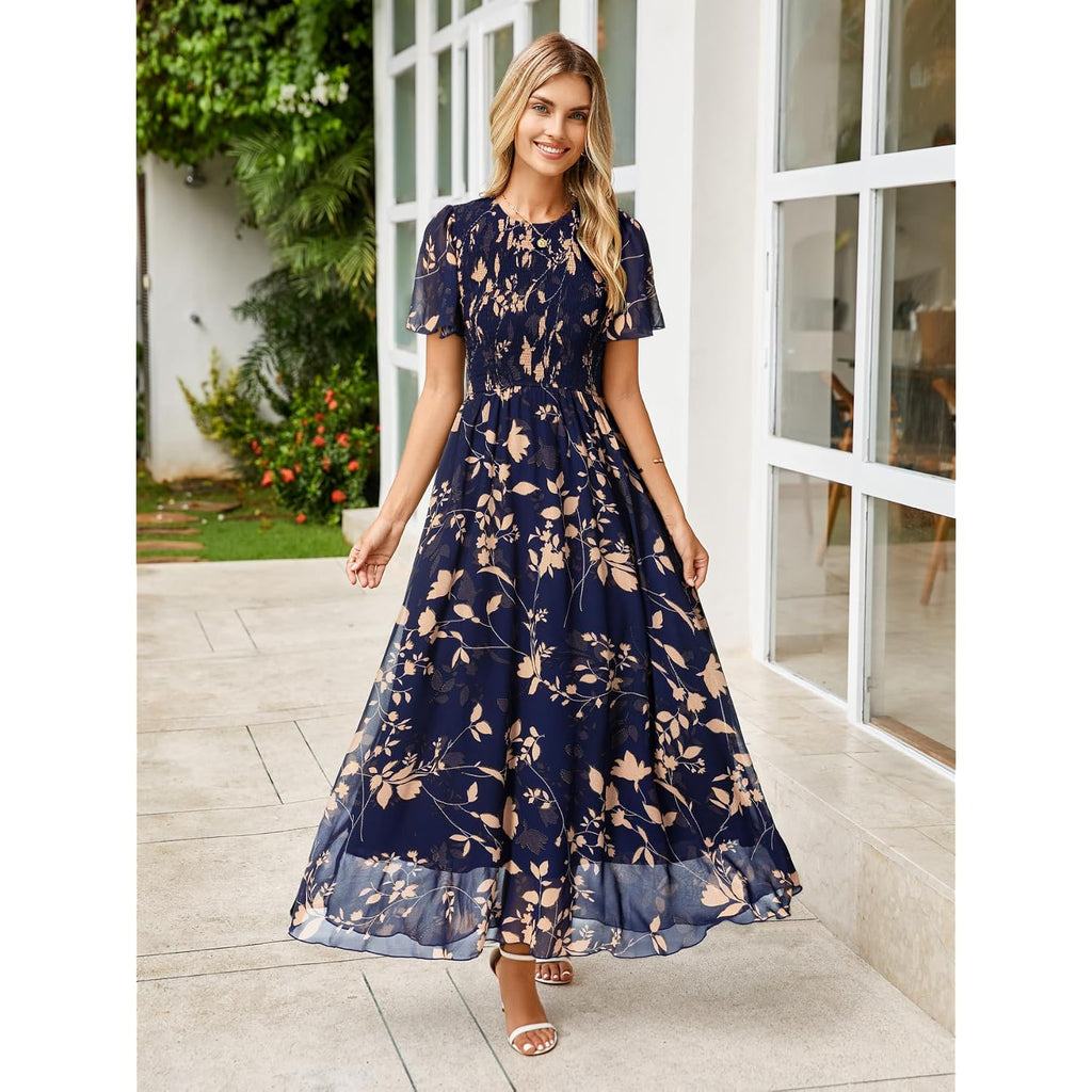 Simplee Womens Casual Floral Summer Maxi Dress 2026 Boho Flowy Short Sleeve Crew Neck Vacation Smocked Chiffon Dresses