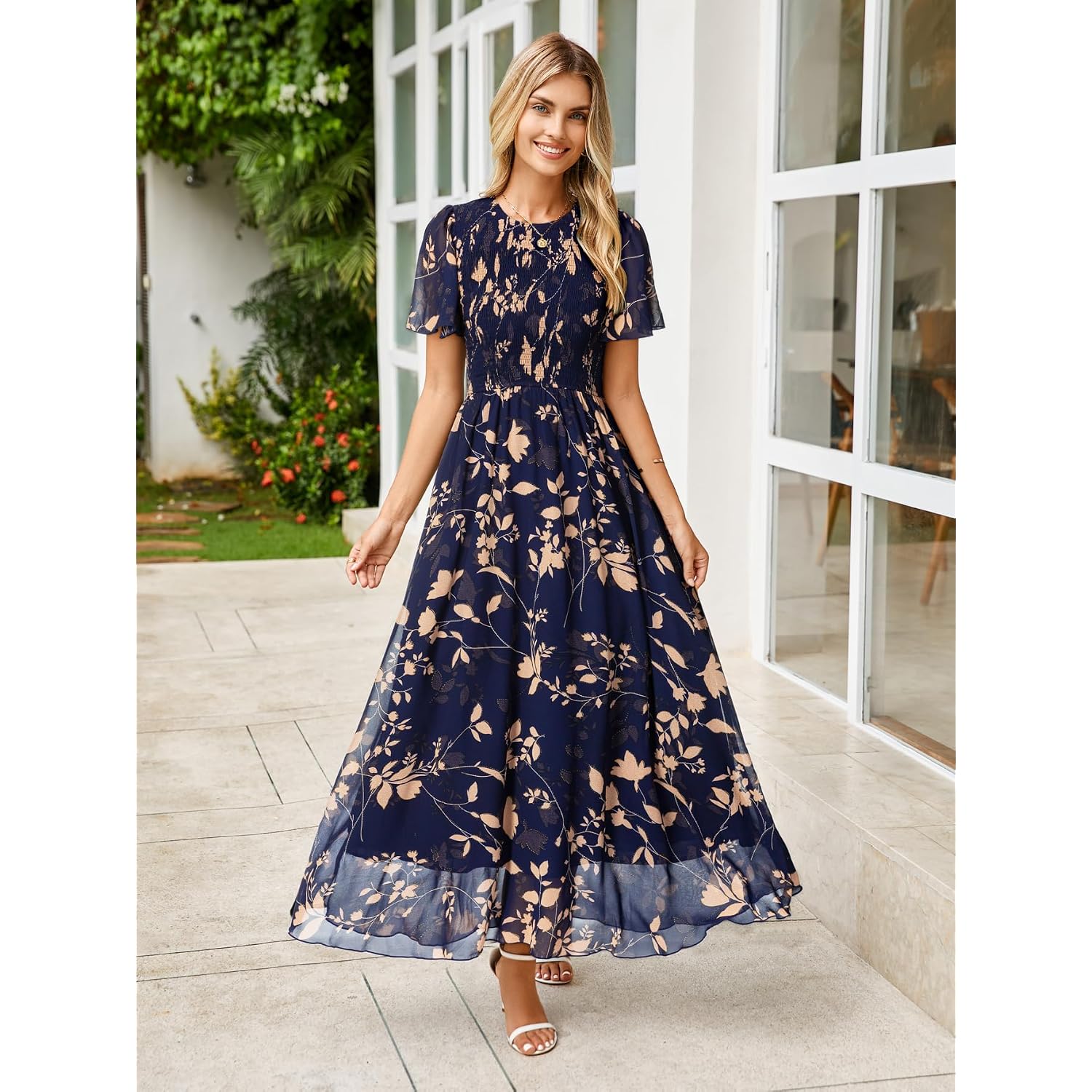Simplee Womens Casual Floral Summer Maxi Dress 2026 Boho Flowy Short Sleeve Crew Neck Vacation Smocked Chiffon Dresses