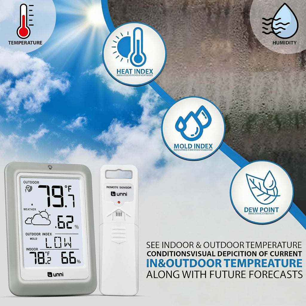 Indoor Outdoor Thermometer Hygrometer Wireless Weather Station, Temperature Humidity Monitor Battery Powered Inside Outside Thermometers With 330Ft Range Remote Sensor And Backlight Display