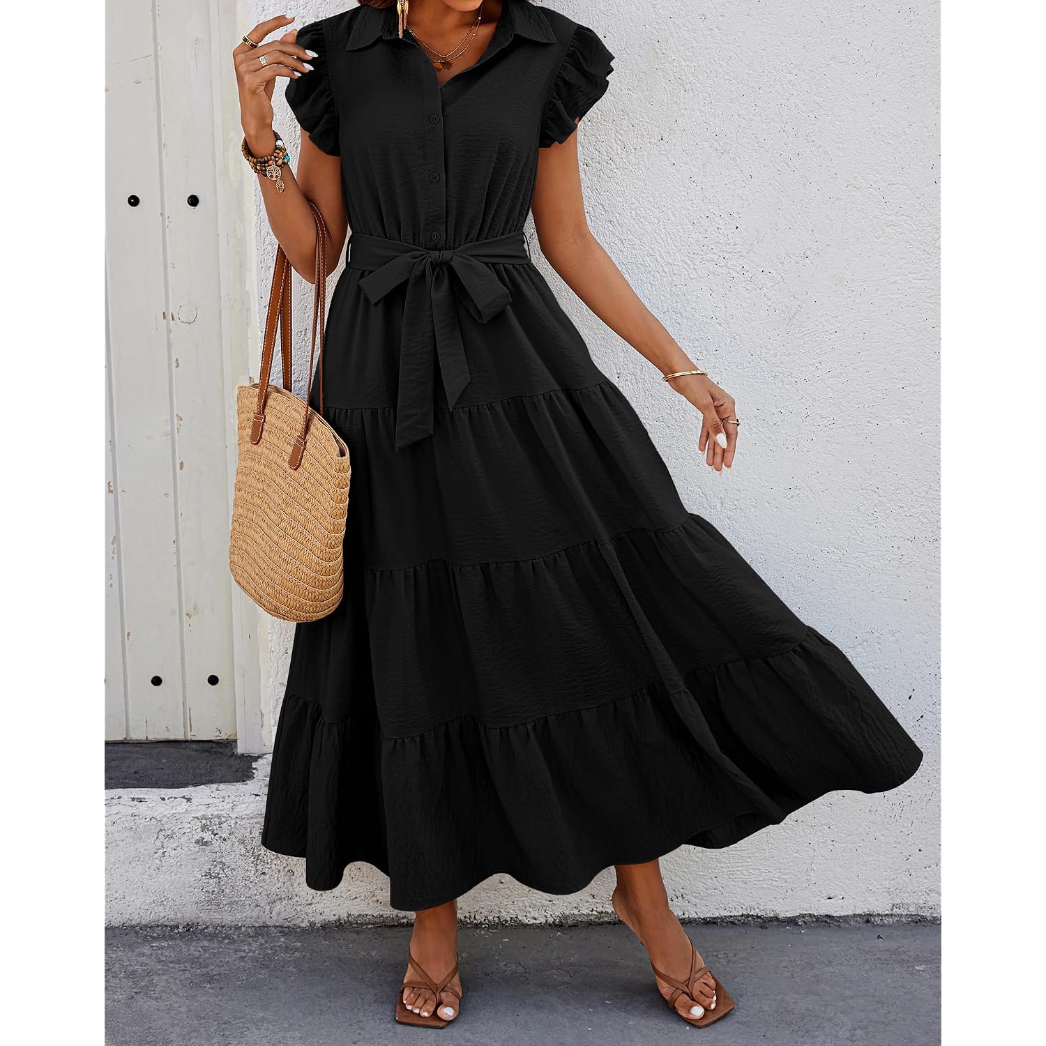 Dowerme Women'S Summer Casual Dresses 2026 Cap Ruffle Sleeve V Neck Button Belted Tiered Boho Maxi Dress With Pockets