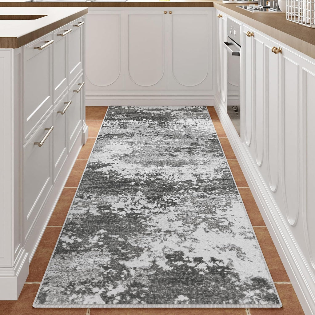 2X6 Rug Runners For Hallways Kitchen Non Slip Washable Grey Entryway Runner Rugs With Rubber Backing 6Ft Long Carpet Runner For Laundry Room Bedroom, Low Pile Stain & Fade Resistant, Abstract Gray