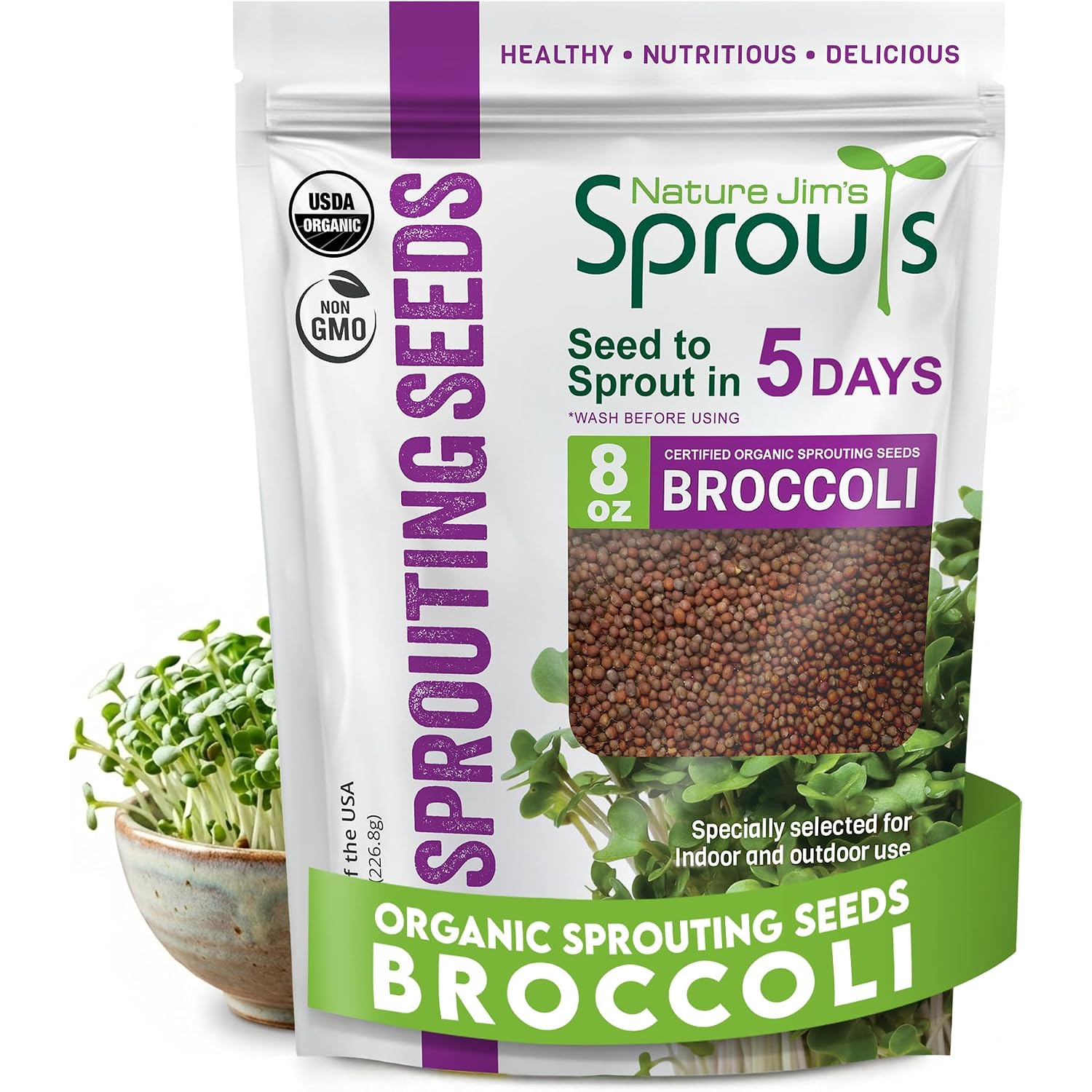 Nature Jim'S Sprout Organic Broccoli Seeds – Non-Gmo, Sprouting Seeds - 8Oz | Rich In Sulforaphane - Fast-Growing Microgreen Plants – Ideal Sprouting Seeds For Fresh & Nutritious Indoor/Outdoor Gardening
