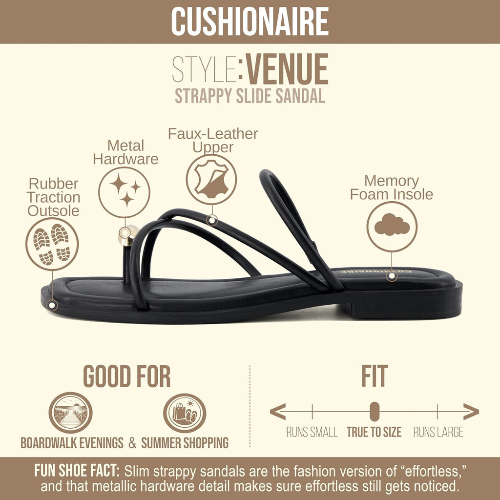 Cushionaire Venue Women’S Strappy Toe-Loop Slide Sandals With Gold-Tone Accent & Memory Foam Comfort